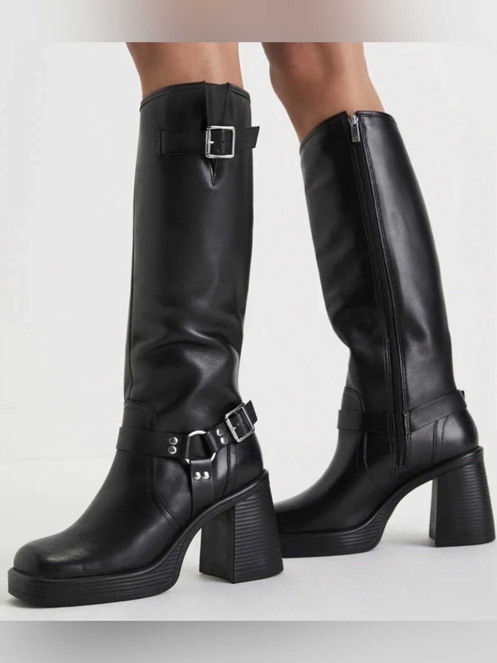 Steve Madden Francine Black Leather Knee-High Moto Boot